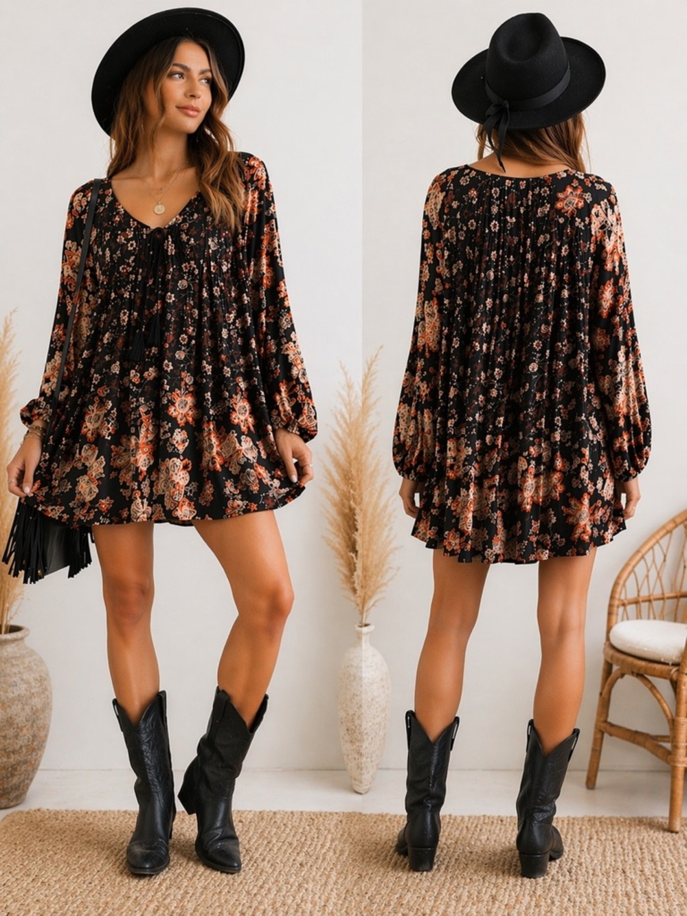 Free People Floral Boho Mini Dress Medium Lucky Loosey Black Pink Flowy Festival
